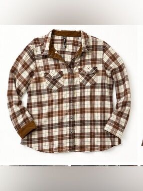 KÜHL Women’s Flannel Shirt Size Large Brown Plaid – Corduroy Trim Outdoor Hiking